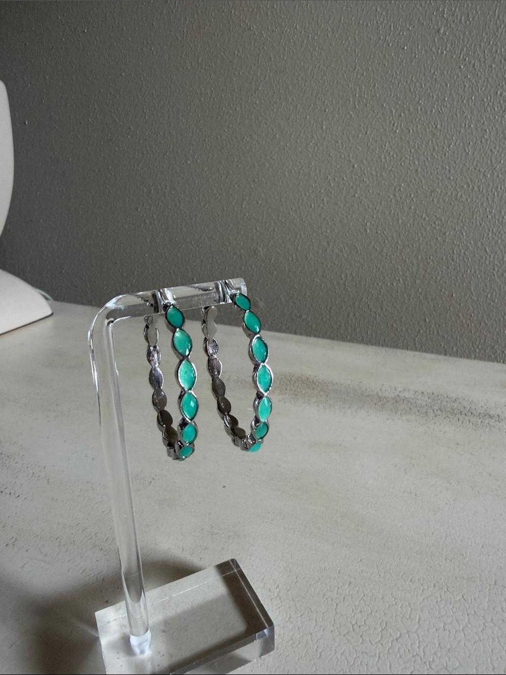 Teal Green Stone Hoop Earrings - Silver Accent 2 Inch Diameter